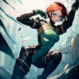 With a look of horror and tragedy. A beautiful young woman with green eyes, short messy hair, red hair, fair skin, toned body, dressed in gray armor.,valorantviper