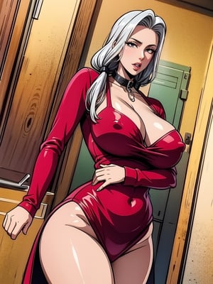 blusa semi transparente, seios maiores e empinados, garota de cabelo vermelho em pé, corpo inteiro,collar