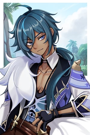 detailed, high definition.  (character) boy, Kaeya alberich from the game Genshin impact.  (hair) blue, long, collected, ponytail resting on the left shoulder.  (body) slender, tall.  (boy) dark-skinned, blue eyes, with a park in his right eye.