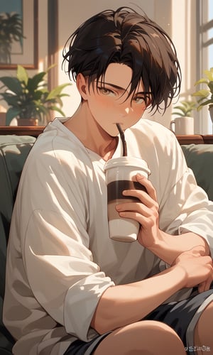 Score_9, Score_8_up, Score_7_up, Score_6_up, Score_5_up, Score_4_up,a man in shorts sitting on a sofa looking at me blushing, 
drinking a cup of coffee
,levi_ackerman