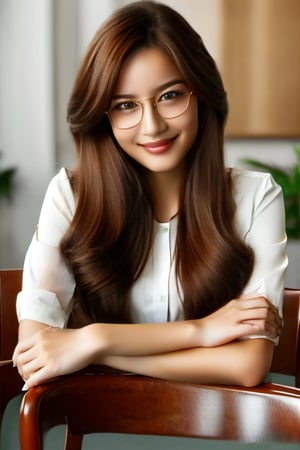 1girl, solo, long hair, looking at viewer, smile, brown hair, shirt, brown eyes, closed mouth, glasses, indoors, signature, lips, table, head rest, realistic
