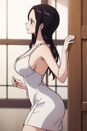 cute sexy curvy girl who looks like robin from one piece but with a tight white dress side view,nicorob