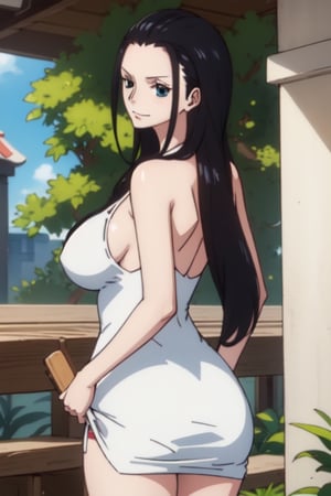 cute sexy curvy girl who looks like robin from one piece but with a tight white dress squating while looking back,nicorob