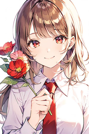 solo, looking at viewer, smile, shirt, 1girl, holding, brown hair, red eyes, upper body, female focus, necktie, holding flower