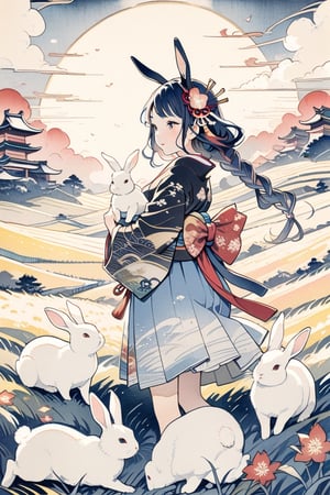 
girl holding a rabbit in the middle of a field,Ukiyo-e, cute,ink,colorful,samurai,shogun,background simple