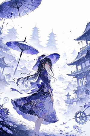 Official Art, Unity 8K Wallpaper, Extreme Detailed, Beautiful and Aesthetic, Masterpiece, Top Quality, perfect anatomy, a beautifully drawn (((ink illustration))) depicting, integrating elements of calligraphy, vintage, YELLOW and PURPLE accents, watercolor painting, concept art, (best illustration), (best shadow), Analog Color Theme, vivid colours, contrast, smooth, sharp focus, scenery,

1girl, solo, long hair, looking at viewer, black hair, red eyes, jewelry, flower, umbrella, gears, indigo theme, plateau, rainy day, fog
