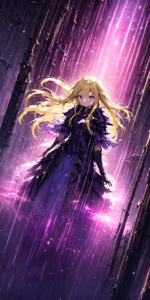 Cute warrior girl, alone, levitating among mysterious ruins, armor, power, dynamic angle, magic particles, dust particles, glow, reflection, glitter, glare,
colorful hair, gradient eyes, long_hair, blond hair,  
