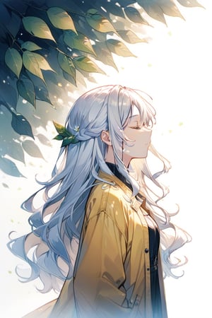 solo, long hair,white hair, 1girl, jacket, closed eyes, upper body, girl focus, from side, yellow jacket, profile,green leaf and flower ,girl 