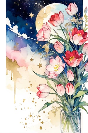masterpiece, best quality, aesthetic,calligraphy brush,gold ink wash painting,Colorful tulip (flower),illustration,scenery,flower,glitter ,stars ,pink eyes ,text"peace"