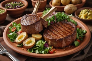 Large lamb chop steak, in baked potatoes with spices. On the sides with an amazing looking salad. In a terracotta plate, sharp focus, studio shot, intricate details, extremely detailed, by Fedya Serafiev.