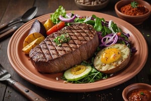 Large beef steak, in baked potatoes with spices. On the sides with an amazing looking salad. In a terracotta plate, sharp focus, studio shot, intricate details, extremely detailed, by Fedya Serafiev.