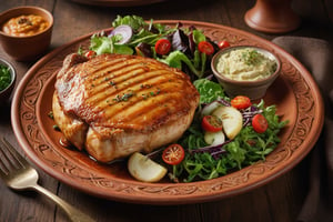 Large chicken chop steak, in baked potatoes with spices. On the sides with an amazing looking salad. In a terracotta plate, sharp focus, studio shot, intricate details, extremely detailed, by Fedya Serafiev.