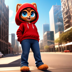 solo (anthro female kiff),
(hoodie, jeans, medium breasts, paws, young, body fur, fur tufts, fur fluff, happy, big eyes, glistening eyes, big eyelashes, very cute, full body, looking at viewer, standing, outside, city, landscape, hot sunny day)
3d, masterpiece, close up