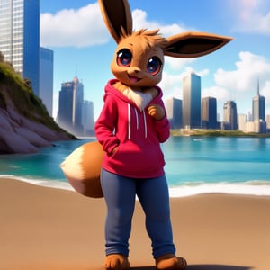 solo (anthro female eevee),
(hoodie, jeans, medium breasts, paws, young, body fur, fur tufts, fur fluff, happy, big eyes, glistening eyes, very cute, full body, looking at viewer, standing, outside, city, near beach, landscape, hot sunny day)
3d, masterpiece, close up,