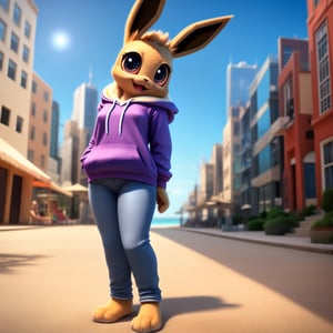solo (anthro female eevee),
(hoodie, jeans, medium breasts, paws, young, body fur, fur tufts, fur fluff, happy, big eyes, glistening eyes, very cute, full body, looking at viewer, standing, outside, city, near beach, landscape, hot sunny day)
3d, masterpiece, close up,