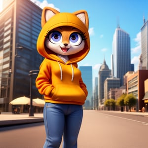 solo (anthro female kiff),
(hoodie, jeans, medium breasts, paws, young, body fur, fur tufts, fur fluff, happy, big eyes, glistening eyes, big eyelashes, very cute, full body, looking at viewer, standing, outside, city, landscape, hot sunny day)
3d, masterpiece, close up