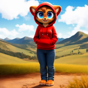 solo (anthro female kiff),
(hoodie, jeans, medium breasts, paws, young, body fur, fur tufts, fur fluff, happy, big eyes, glistening eyes, big eyelashes, very cute, full body, looking at viewer, standing, outside, landscape, hot sunny day)
3d, masterpiece, close up