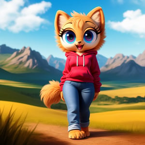 solo (anthro female kiff),
(hoodie, jeans, medium breasts, paws, young, body fur, fur tufts, fur fluff, happy, big eyes, glistening eyes, big eyelashes, very cute, full body, looking at viewer, standing, outside, landscape, hot sunny day)
3d, masterpiece, close up