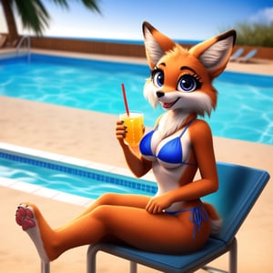 solo (anthro female vixen),
(very beautiful bikini, having drink, medium breasts, paws, young, body fur, fur tufts, fur fluff, happy, big eyes, glistening eyes, big eyelashes, very cute, full body, looking at viewer, sitting on chair, outside, swimming pool, beach, landscape, hot sunny day)
3d, masterpiece, close up