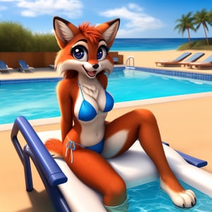 solo (anthro female vixen),
(very beautiful bikini, having drink, medium breasts, paws, young, body fur, fur tufts, fur fluff, happy, big eyes, glistening eyes, big eyelashes, very cute, full body, looking at viewer, sitting on chair, outside, swimming pool, beach, landscape, hot sunny day)
3d, masterpiece, close up