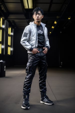 full body shot ,masterpiece, best illustration, detailed 8K,male focus, masterpiece, (best quality:1.3),best illustration,extremely detailed 8K wallpaper, 1boy, Japanese boy, 30 years old, slim, short black hair, a lock of white hair, black Adidas jacket, tight cargo pants with technical details, military boots, aggressive pose, futuristic megacity environment,