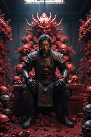 A legendary shot a Japan menl in a dark and gritty setting. He is sitting on a throne of skulls, surrounded by the detritus of battle. The pose is dynamic and engaging, with ninja looking directly at the viewer. The colors are vibrant and saturated, with a strong emphasis on red and black. The level of detail is incredible, with every skull and every piece of armor rendered in stunning realism. The image has been post-processed to add even more detail and atmosphere. The overall effect is one of ultra-realism and cinematic quality.

