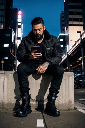 The image is epic, an imposing Japanese man, short and thin, with black hair and a well-kept beard, he has wolfish features, he is wearing an Adidas jacket, tactical cargo pants, high black military boots, he is using a mobile phone. beard, rogue, punk boots, The background represents a cybercity, electrical reflections, mechanical spiders crawl on the floor