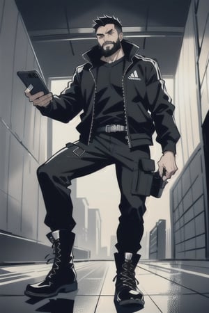 The image is epic, an imposing Japanese man, short and thin, with black hair and a well-kept beard, he has wolfish features, he is wearing an Adidas jacket, tactical cargo pants, high black military boots, he is using a mobile phone. beard, rogue, punk boots, The background represents a cybercity, electrical reflections, mechanical spiders crawl on the floor, pircings,Black
