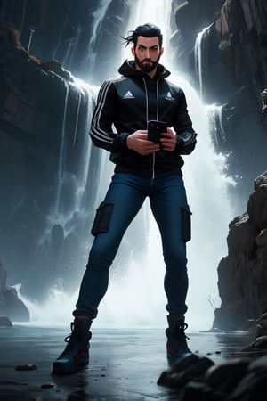 an accurate and detailed full-body shot of a male superhero character, thirty years old, Japanese, black short hair, black adidas tracksuit with tactical elements, thin, short beard, cyberpunk style, dark cargo jeans, black combat boots, Air flow, water flow, Scenes illuminated by dramatic lighting, highlighting the symmetrical beauty of the scene. displaying an elegant posture, The entire scene is captured with a wide-angle lens, creating a 12K raw photo sense of epic scale. Exquisitely perfect symmetric very gorgeous face, Exquisite delicate crystal clear skin, Detailed beautiful japan eyes, perfect slim body, slender and beautiful fingers, nice hands, perfect hands carry a mobile phone,
,r1ge,lighting