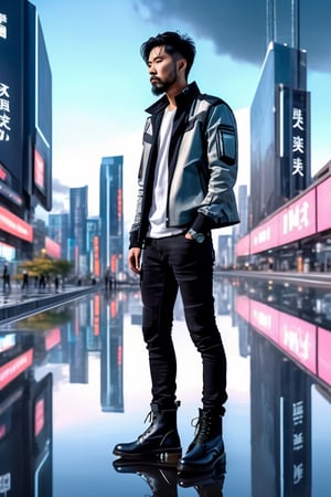 Super realistic image, 8k, on a futuristic city background, mechanical spiders, electric reflections, water shadows. 
 a young Japanese man, short and thin, with black hair and well-groomed beard, sports jacket, cargo jeans, black military boots, uses a mobile phone, like Matrix Styles, beard, mobile phone, boots,