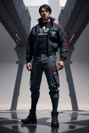 The image is epic, an imposing Japanese man, short and thin, with black hair and a well-kept beard, he has wolfish features, he is wearing an Adidas jacket, tactical cargo pants, high black military boots, he is using a mobile phone.  The background represents a cybercity, electrical reflections, mechanical spiders