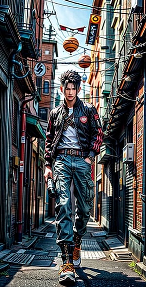 Cyber ​​apocalyptic Naruto, with black hair and well-groomed beard, Adidas jacket, cargo jeans, high black military boots