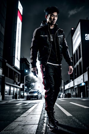 The image is epic, an imposing Japanese man, short and thin, with black hair and a well-kept beard, he has wolfish features, he is wearing an Adidas jacket, tactical cargo pants, high black military boots, he is using a mobile phone. beard, rogue, punk boots, The background represents a cybercity, electrical reflections, mechanical spiders crawl on the floor, asina man