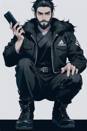The image is epic, an imposing Japanese man, short and thin, with black hair and a well-kept beard, he has wolfish features, he is wearing an Adidas jacket, tactical cargo pants, high black military boots, he is using a mobile phone. beard, rogue, punk boots, The background represents a cybercity, electrical reflections, mechanical spiders crawl on the floor, pircings,1guy