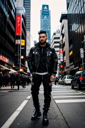 The image is epic, an imposing Japanese man, short and thin, with black hair and a well-kept beard, he has wolfish features, he is wearing an Adidas jacket, tactical cargo pants, high black military boots, he is using a mobile phone. beard, rogue, punk boots, The background represents a cybercity, electrical reflections, mechanical spiders crawl on the floor, pircings,