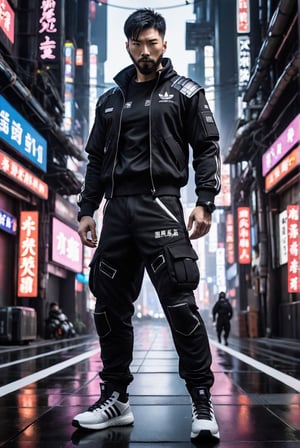  dystopian mega city, an accurate and detailed full-body shot of a male superhero character, thirty years old, Japanese, black short hair, black adidas tracksuit with tactical elements, thin, short beard, cyberpunk style, dark cargo jeans with tactical elements,, black combat boots, Air flow, Scenes illuminated by dramatic lighting, highlighting the symmetrical beauty of the scene. displaying an elegant posture, The entire scene is captured with a wide-angle lens, creating a 12K raw photo sense of epic scale. Exquisitely perfect symmetric very gorgeous face, Exquisite delicate crystal clear skin, Detailed beautiful japan eyes, perfect slim body, slender and beautiful fingers, nice hands with mobile phone, 
,more detail XL,skpleonardostyle