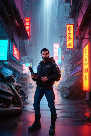  dystopian mega city, an accurate and detailed full-body shot of a male superhero character, thirty years old, Japanese, black short hair, black adidas tracksuit with tactical elements, thin, short beard, cyberpunk style, dark cargo jeans, black combat boots, Air flow, water flow, Scenes illuminated by dramatic lighting, highlighting the symmetrical beauty of the scene. displaying an elegant posture, The entire scene is captured with a wide-angle lens, creating a 12K raw photo sense of epic scale. Exquisitely perfect symmetric very gorgeous face, Exquisite delicate crystal clear skin, Detailed beautiful japan eyes, perfect slim body, slender and beautiful fingers, nice hands, perfect hands carry a mobile phone,
,r1ge,lighting