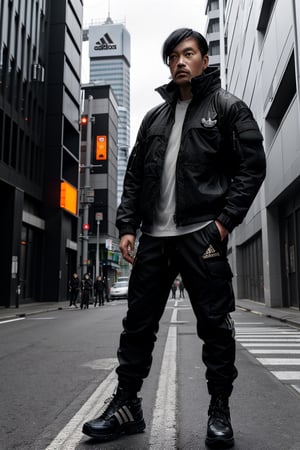 The image is epic, an imposing Japanese man, short and thin, with black hair and a well-kept beard, he has wolfish features, he is wearing an Adidas jacket, tactical cargo pants, high black military boots, he is using a mobile phone.  The background represents a cybercity, electrical reflections, mechanical spiders