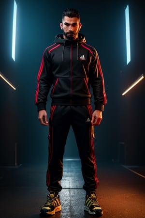 an accurate and detailed full-body shot of a male superhero character, thirty years old, japan male, black short hair, black adidas tracksuit with tactical elements, thin, short beard, cyberpunk style, dark cargo jeans and black combat boots, Air flow, water flow, Scenes illuminated by dramatic lighting. displaying an elegant posture, The entire scene is captured with a wide-angle lens, creating a 12K raw photo sense of epic scale. Exquisitely perfect symmetric very gorgeous face, Exquisite delicate crystal clear skin, perfect slim body, slender and beautiful fingers, nice hands, perfect hands carry a mobile phone, (masterpiece), best quality, extreme detailed, intricate, futuristic, cables, energy ligthing
,r1ge,lighting,raidenmgr,1boy,1guy,LegendDarkFantasy,Beautiful Eyes,xxmixgirl,shodanSS_soul3142,asina man