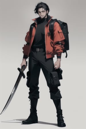 The image is epic, an imposing Japanese man, short and thin, with black hair and a well-groomed beard, has wolfish features, wears an Adidas jacket, tactical cargo pants, high black military boots, a backpack and a katana.