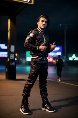 full body shot ,masterpiece, best illustration, detailed 8K,male focus, masterpiece, (best quality:1.3),best illustration,extremely detailed 8K wallpaper, 1boy, anime, punk youngman, bad boy,,, sexy pose,Japanese guy, 30 years old, black hair with white streaks, short beard, black Adidas jacket, tight cargo pants with military boots, smartphone in hand, superhero pose, future megacity background