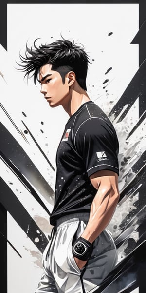 (masterpiece, high quality, 8K, high_res:1.5), 
splash art style, (straight view, from below:1.5),
Japan men in locker room,
beautiful, attractive, sports, short black hair, slicked back with a strand falling out, 
clothing \oversized tshirt, sport breeches, boxing shoes\,
sport drama embience, inspiring and elegant, dark black soft palette, very detailed, character cover.
((ink lines and watercolor wash)),Vector illustration,Illustration,Flat vector art,skpleonardostyle,Leonardo Style,fflixmj6