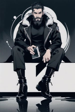 The image is epic, an imposing Japanese man, short and thin, with black hair and a well-kept beard, he has wolfish features, he is wearing an Adidas jacket, tactical cargo pants, high black military boots, he is using a mobile phone. beard, rogue, punk boots, The background represents a cybercity, electrical reflections, mechanical spiders crawl on the floor, pircings,1guy