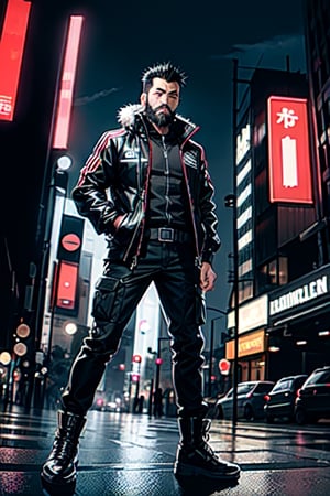 The image is epic, an imposing Japanese man, short and thin, with black hair and a well-kept beard, he has wolfish features, he is wearing an Adidas jacket, tactical cargo pants, high black military boots, he is using a mobile phone. beard, rogue, punk boots, The background represents a cybercity, electrical reflections, mechanical spiders crawl on the floor, pircings, mobile phone