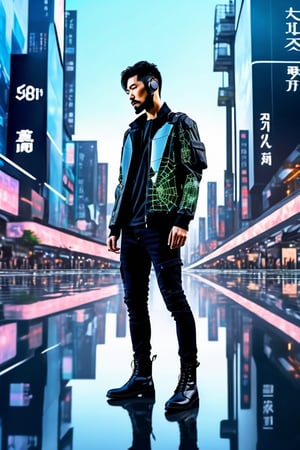 Super realistic image, 8k, on a futuristic city background, mechanical spiders, electric reflections, water shadows. 
 a young Japanese man, short and thin, with black hair and well-groomed beard, sports jacket, cargo jeans, black military boots, uses a mobile phone, like Matrix Styles, beard, mobile phone, boots,