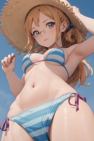 The picture shows a girl in a bikini, holding a straw hat, make an anime girl.  very detailed illustration, 8K.  add cute glasses that highlight her stern look.,clothing_inner_view