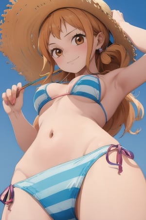 The picture shows a girl in a bikini, holding a straw hat, make an anime girl.  very detailed illustration, 8K.  add cute glasses that highlight her stern look.,clothing_inner_view