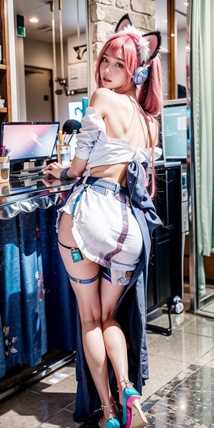 1 girl, solo, hairstyle with double ponytails, extremely short pleated skirt, pink blue hair, high heels sandals, exposed shoulders and buttocks, looking back, indoor, fake cat and fox ears, off the shoulder, white suspender socks, headphones, pink translucent shirt,