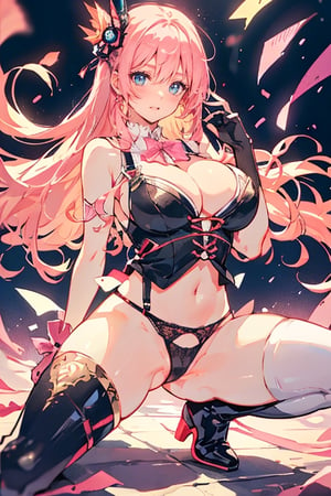 (plays the character Watalidaoli Simca in air gear), 1 girl, solo, smile, perfect face, make-up, stick out tongue, excited face, blush, big breasts, no underwear, black panties exposed, long pink hair, perfect ass, sexy suspender black stockings, wearing white Japanese high school uniform, fingerless gloves, wearing boots, hands near waist, goggles on head, sexy pose, full_body(Best quality, masterpiece, realistic, highly detailed ), 
,spread legs,straddle split,