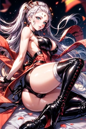(plays the character Watalidaoli Simca in air gear), 1 girl, solo, smile, perfect face, make-up, stick out tongue, excited face, blush, big breasts, no underwear, black panties exposed, long pink hair, perfect ass, sexy suspender black stockings, wearing white Japanese high school uniform, fingerless gloves, wearing boots, hands near waist, goggles on head, sexy pose, (Best quality, masterpiece, realistic, highly detailed ), ahegao face,anime